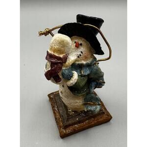 Ornament Snowman Ceramic Holding Child on His Shoulder 4.25 Inches China No Box